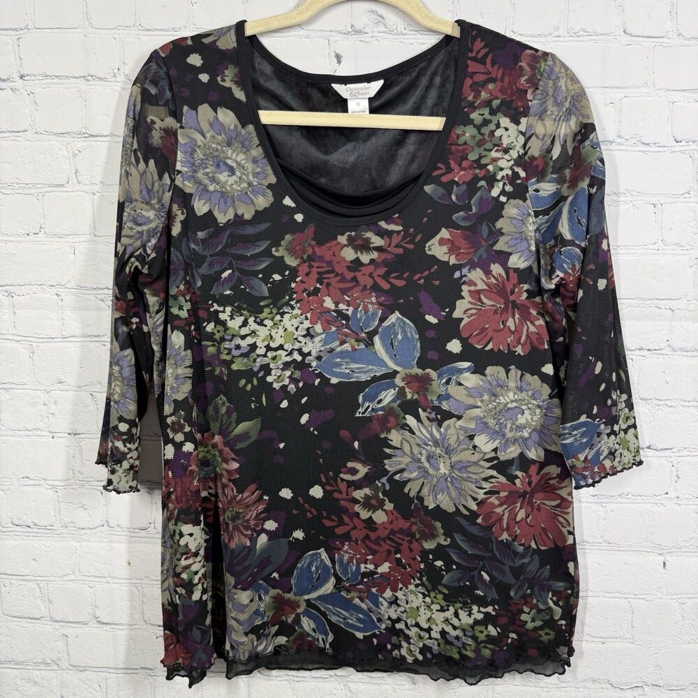 Cristopher & Banks Blouse Women XL  Whimsigoth Sheer Lined V Neck 3/4 Sleeve Top